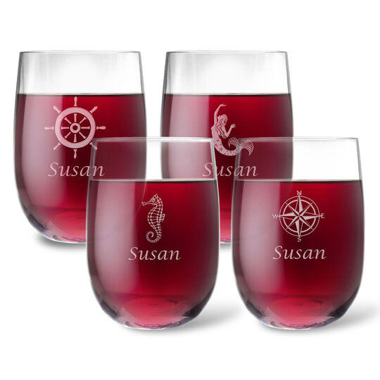 Personalized Tritan Acrylic Stemless Wine Glass Set - Nautical Collection